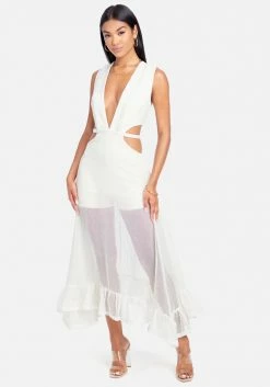 JUMP Fringe Mesh Plunge Maxi Gown Bridal