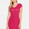 TC Crystal Logo Short Sleeve Double V-Neck Dress