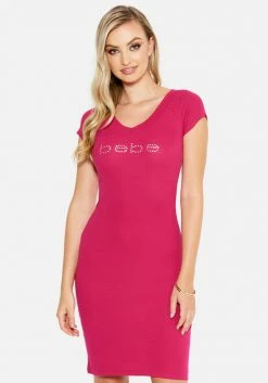 TC Crystal Logo Short Sleeve Double V-Neck Dress