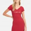 TC Crystal Logo Short Sleeve Double V-Neck Dress