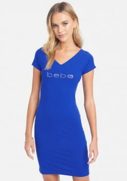 TC Crystal Logo Short Sleeve Double V-Neck Dress