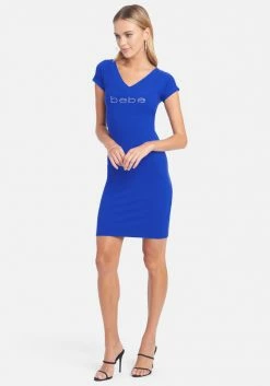 TC Crystal Logo Short Sleeve Double V-Neck Dress