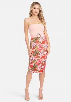 JUMP Belted Strapless Printed Midi