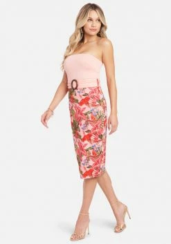 JUMP Belted Strapless Printed Midi