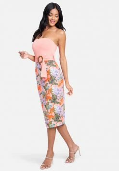 JUMP Belted Strapless Printed Midi