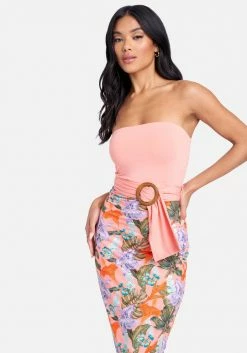 JUMP Belted Strapless Printed Midi