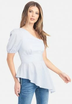 TC Striped One Shoulder Poplin Asymmetric Top Clothing