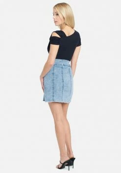 Exposed Button Stitch Detail Denim Skirt Clothing