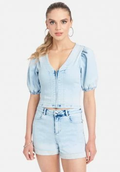 TC Ombre Wash Puff Sleeve Jean Top