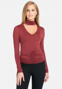 TC Mock Neck Ruched Waist Knit Top