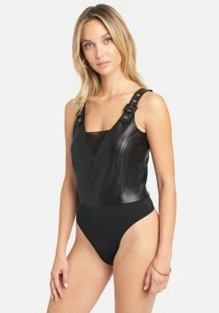 TC Best Sellers Buckle Strap Vegan Leather Bodysuit