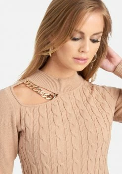 TC Chain Detail Mock Neck Cable Sweater