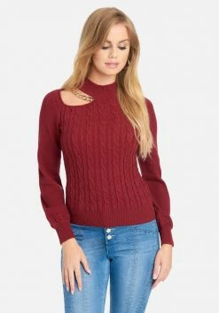 TC Chain Detail Mock Neck Cable Sweater