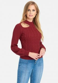 TC Chain Detail Mock Neck Cable Sweater