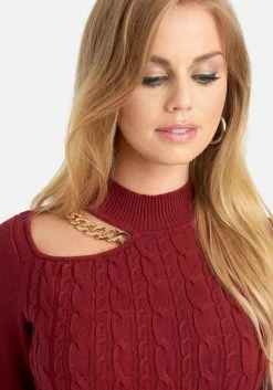 TC Chain Detail Mock Neck Cable Sweater