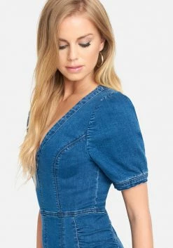 TC Festival Season Deep V Ruched Denim Dress