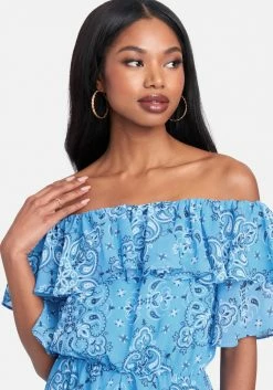 JUMP Printed Tiered Off Shoulder Dress