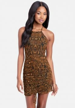 JUMP Center Ruched Mesh Drawstring Dress