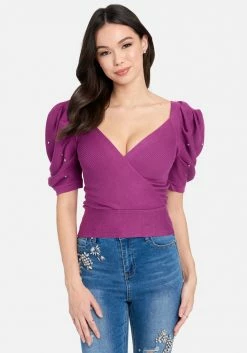 TC Puff Sleeve Pearl Detail Wrap Sweater Clothing