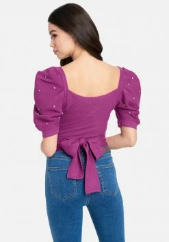 TC Puff Sleeve Pearl Detail Wrap Sweater Clothing