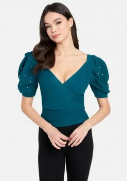 TC Puff Sleeve Pearl Detail Wrap Sweater
