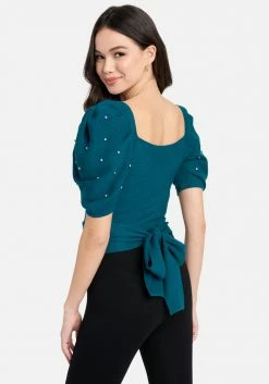 TC Puff Sleeve Pearl Detail Wrap Sweater