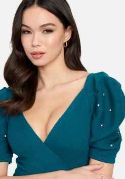 TC Puff Sleeve Pearl Detail Wrap Sweater