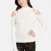 TC Bebe Logo Strappy Cold Shoulder Mock Neck Sweater