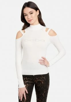 TC Bebe Logo Strappy Cold Shoulder Mock Neck Sweater