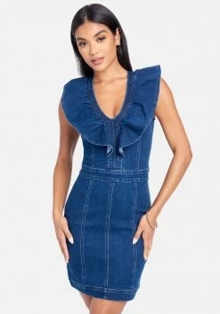 TC V Neck Cascade Sleeve Denim Dress Festival Season