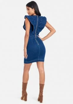 TC V Neck Cascade Sleeve Denim Dress Festival Season