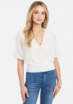 TC Swiss Dot Multi Button Smocked Hem Blouse