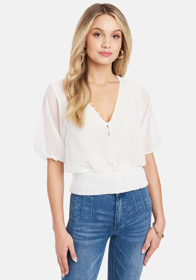 TC Swiss Dot Multi Button Smocked Hem Blouse 1 TC Swiss Dot Multi Button Smocked Hem Blouse