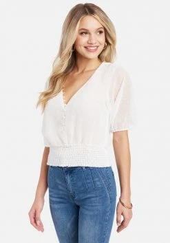 TC Swiss Dot Multi Button Smocked Hem Blouse