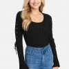 TC Clothing Scoop Neck Lace Up Bell Sleeve Sweater