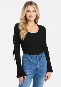 TC Clothing Scoop Neck Lace Up Bell Sleeve Sweater