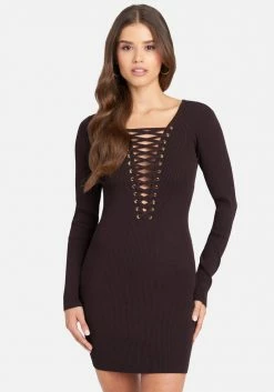 JUMP Plunge Neck Lace Up Sweater Dress Clothing