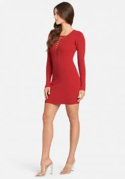 JUMP Clothing Plunge Neck Lace Up Sweater Dress