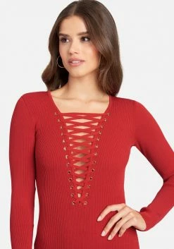 JUMP Clothing Plunge Neck Lace Up Sweater Dress