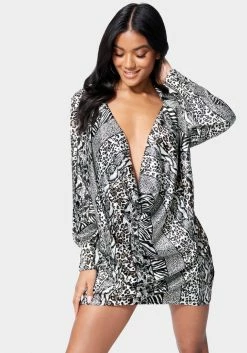 JUMP Bridal Printed Satin Cowl Neck Shirtdress