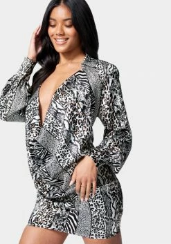 JUMP Bridal Printed Satin Cowl Neck Shirtdress