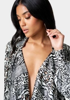 JUMP Bridal Printed Satin Cowl Neck Shirtdress