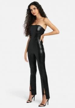 Best Sellers Split Hem Strapless Vegan Leather Jumpsuit