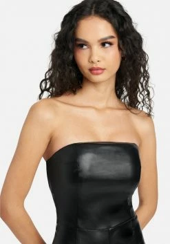 Best Sellers Split Hem Strapless Vegan Leather Jumpsuit