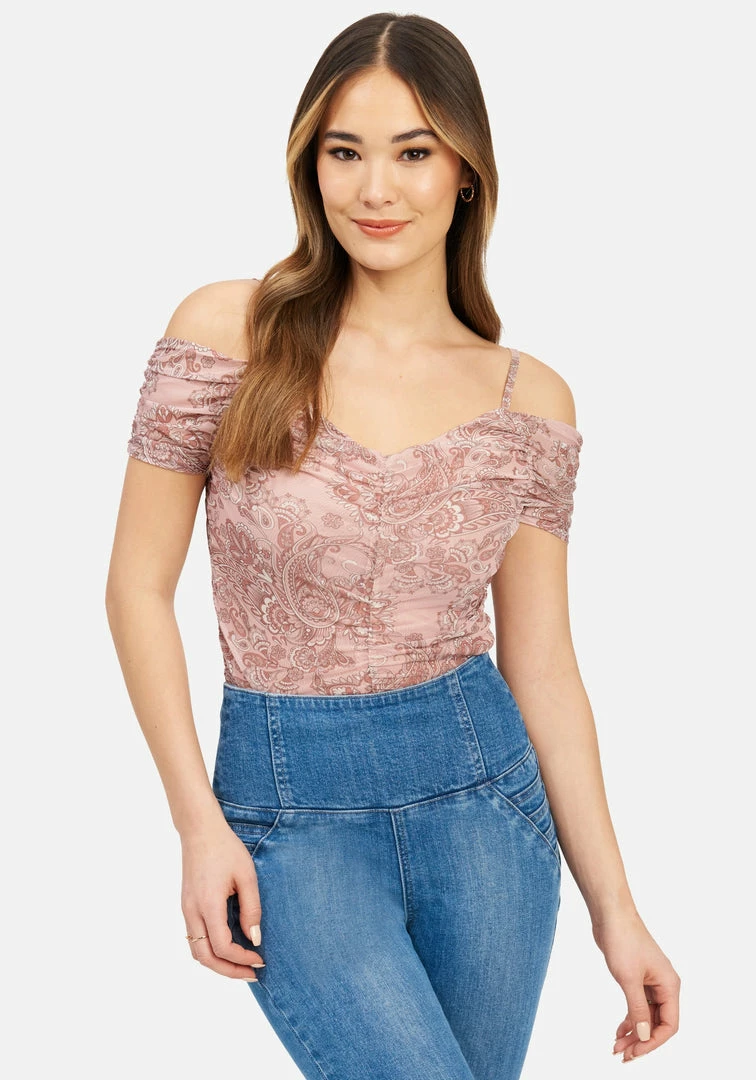 TC Ruched Cold Shoulder Printed Mesh Bodysuit Print Shop 2 TC Ruched Cold Shoulder Printed Mesh Bodysuit Print Shop