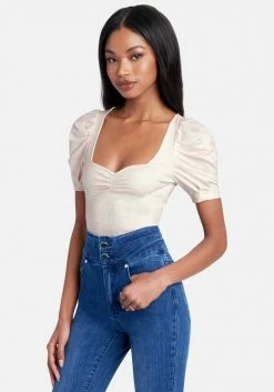 TC Clothing Shirred Front Neck Ruched Sleeve Printed Knit Top