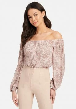 TC Off Shoulder Front Button Printed Crepe Bodysuit