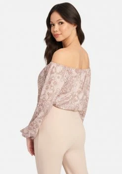 TC Off Shoulder Front Button Printed Crepe Bodysuit