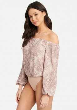TC Off Shoulder Front Button Printed Crepe Bodysuit 7 TC Off Shoulder Front Button Printed Crepe Bodysuit
