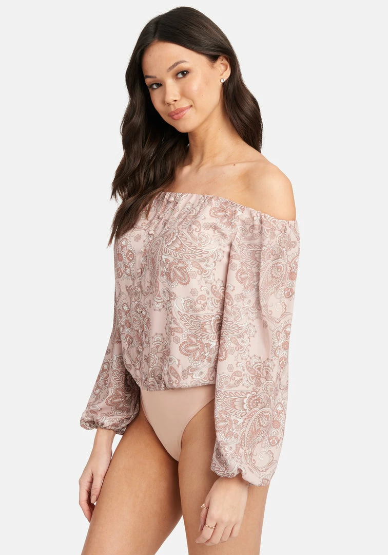 TC Off Shoulder Front Button Printed Crepe Bodysuit 3 TC Off Shoulder Front Button Printed Crepe Bodysuit